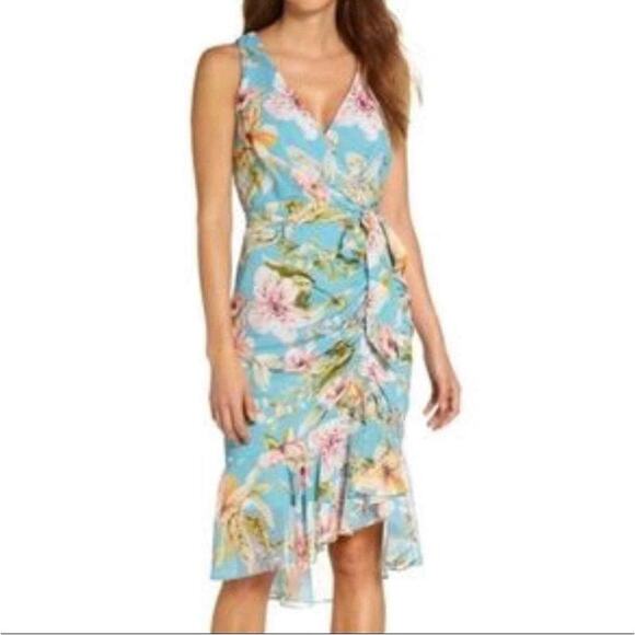 Eliza J Floral Mock Wrap Sleeveless Midi Dress Flutter Hem Sky Blue Size 10 - Picture 1 of 8